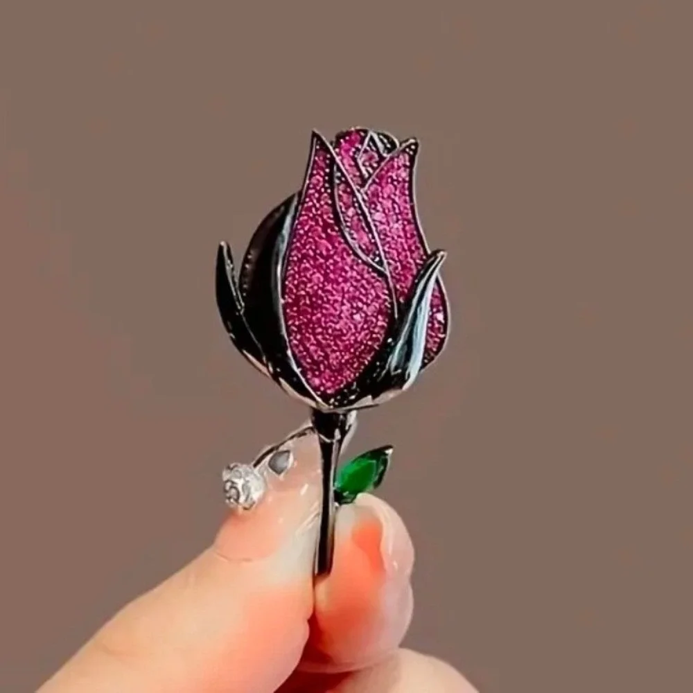 Elegant Rose Flower Brooch Pin Rhinestone‎ Crystal Gem Leaf Silver Women Jewelry